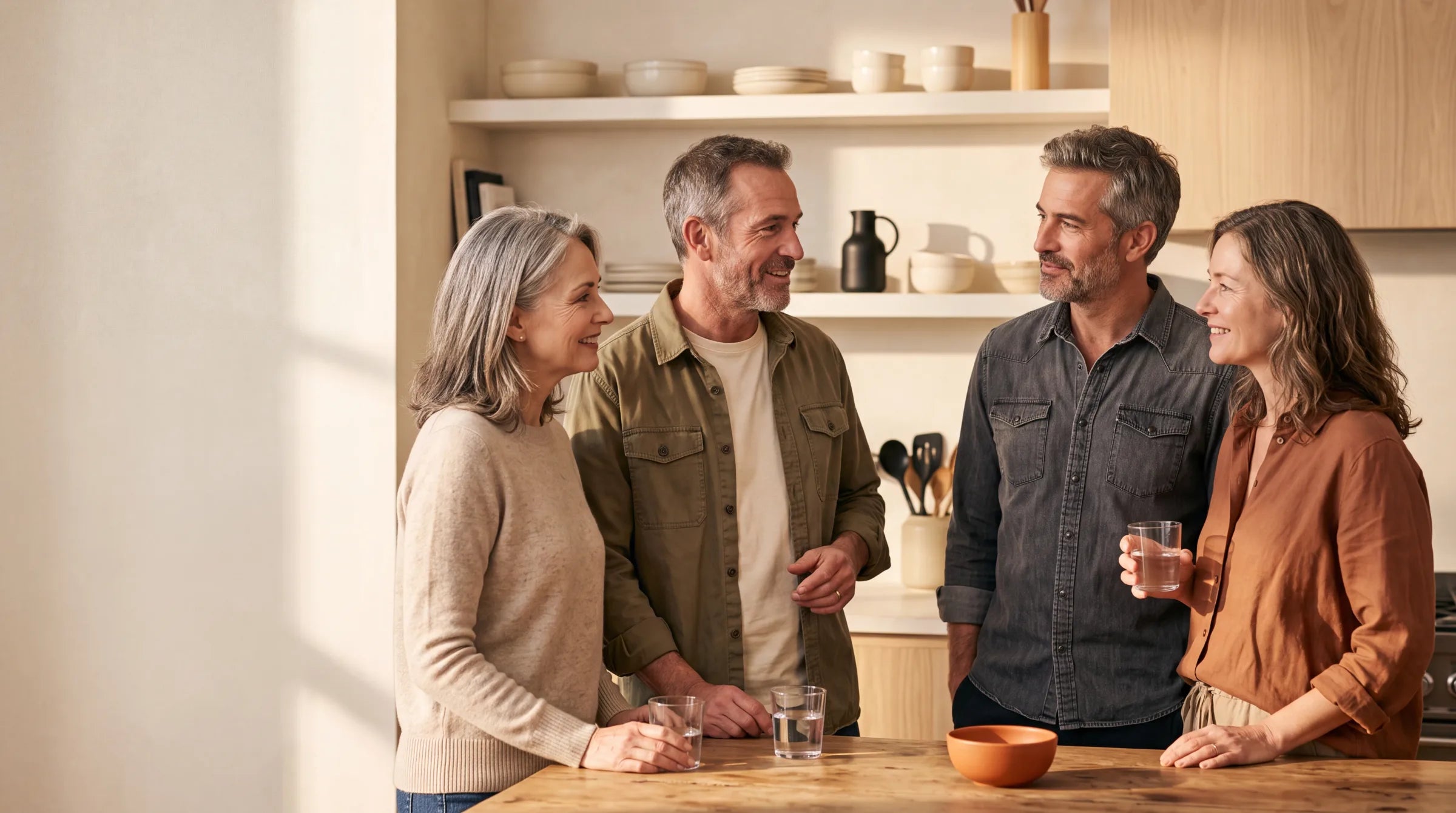 Friends in midlife together in a bright kitchen